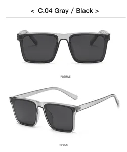 Detailed view of square polarized sunglasses in gray and black, front and side angles.