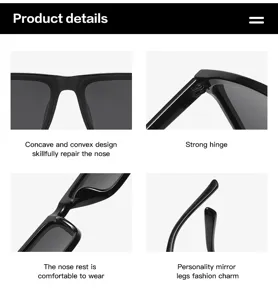 Retro square sunglasses detail view, showing strong hinges, comfortable nose pads and temples.