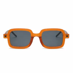 Trendy square sunglasses for men, thick orange frame with grey lenses, retro street style.