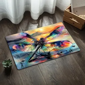 Watercolor dragonfly diatomaceous earth floor mat, absorbent non-slip bath mat for home.