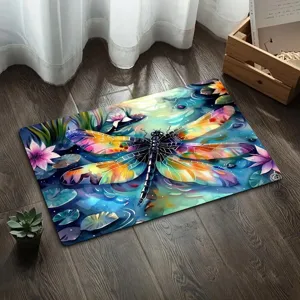 Absorbent diatomite bath mat with colorful watercolor dragonfly print for home bathroom and floor.