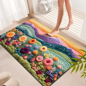 Detailed view of the vibrant rainbow flower diatomaceous earth bath mat, absorbent.