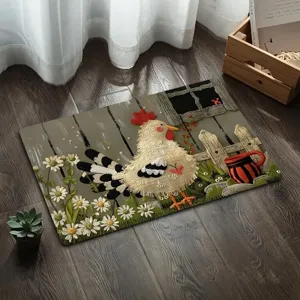 Bauernhof Hahn Kristall Samt Fußmatte, rustikale Blumen Rutschfeste Fußmatte für Flur und Küche.