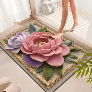 Detail shot of 3D floral bath mat showing soft crystal velvet texture and anti-slip backing.