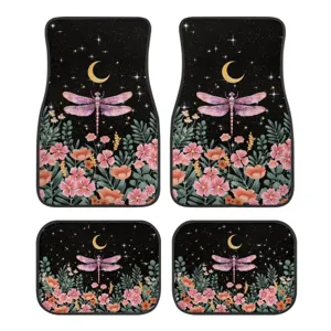 Tappetini auto in velluto di cristallo set 4 pezzi con stampa libellula luna, antiscivolo.