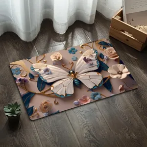 Detail of 3D butterfly and floral pattern absorbent door mat for home decor and bathroom use.