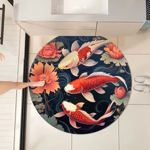 Tapis de bain rond avec motif de carpes koïs chinoises et de lotus, absorbant et antidérapant.