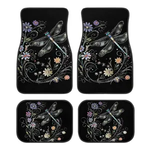 Set di 4 tappetini auto con elegante stampa di libellule e fiori, velluto resistente.