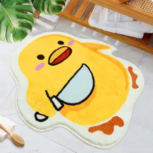 Tapis mignon en peluche douce en forme de canard jaune et d'œuf au plat antidérapant