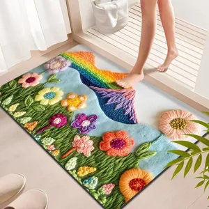Colorful floral rainbow diatomaceous earth bath mat, absorbent anti-slip floor mat.