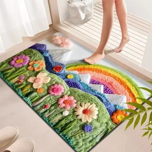 Colorful floral rainbow floor mat, non-slip absorbent bath mat for entrance and bathroom use.
