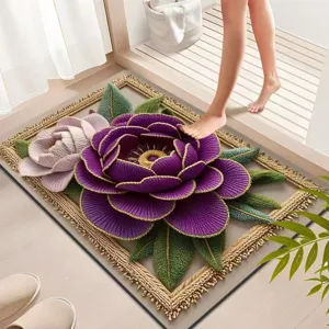 3D floral bathroom mat, non-slip absorbent crystal velvet floor rug for home entry and shower room.