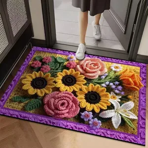 Detailed view of the 3D crochet flower doormat with vibrant floral print for indoor entry.