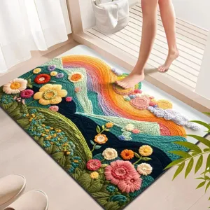 Rainbow floral diatomaceous earth bath mat, absorbent non-slip floor mat for bathroom.