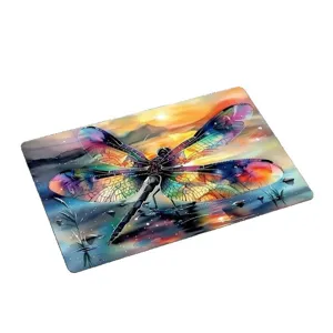 Rectangle diatomaceous earth soft bath mat with colorful watercolor dragonfly art print.