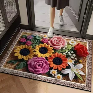 Crochet style 3D floral printed doormat, crystal velvet water absorbent anti slip floor mat.