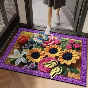 Detailed view of crochet style floral doormat with vibrant sunflower and butterfly patterns.