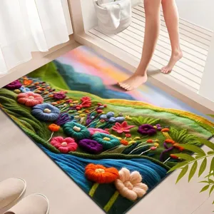 Absorbent diatomaceous earth floor mat with colorful 3D floral landscape design, non-slip.