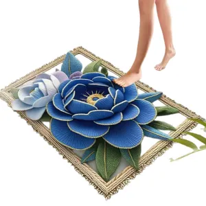 3D Blue Floral Bath Mat Anti-Slip Absorbent Floor Mat Woven Style Home Door Mat New