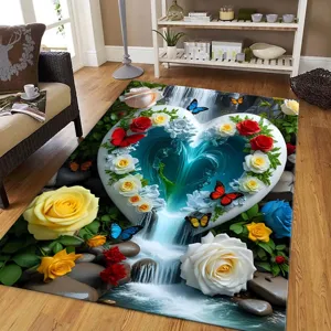 3D waterfall heart rose print floor mat, stylish living room sofa bedroom decor rug