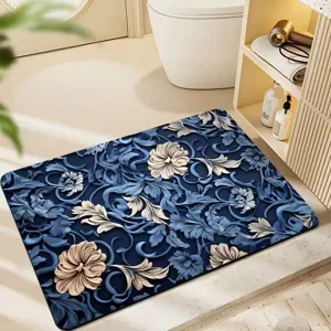 Gedetailleerd overzicht van blauwe bloemige diatomeeënaarde badmat, absorberend antislip.