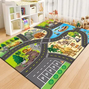 Kinder Spielmatte Detail mit Straßen und süßen Zeichentrick Tieren für das schöne Kinderzimmer.