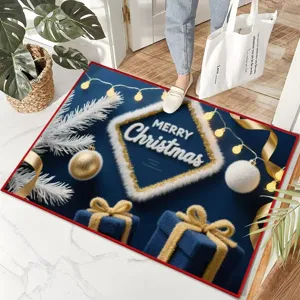 Weihnachtsfußmatte Szenen Detailansicht mit blauem festlichem Design und Weihnachtsgeschenken.