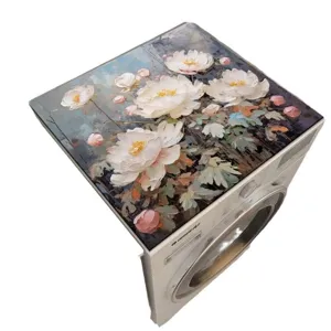 Luxury washing machine top cover mat, oil painting floral diatom mud dustproof pad for home.