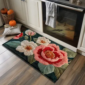 Cozy floral faux cashmere floor mat with vibrant peony pattern, soft and absorbent carpet detail.