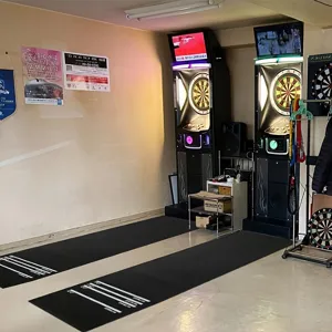 Dart mat for indoor game room, non-slip rubber floor mat with throwing distance lines for practice.