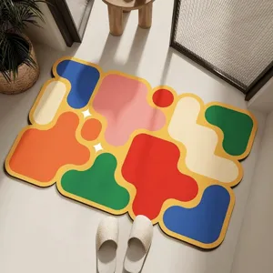 Detailansicht der bunten abstrakten Puzzle Dopamin Fußmatte für Badezimmer und Eingang.