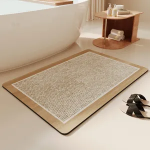 Minimalist wood-grain bathroom absorbent floor mat detail scene, quick-drying entrance foot mat.