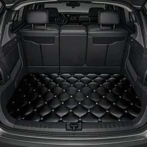Black leather car trunk mat with diamond quilted pattern and crystal studs for all seasons.