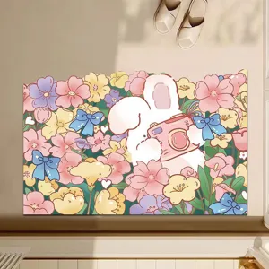 Badezimmer-Badematte aus Silikon-Diatomeenerde mit süßem Hasen und bunten Blumenmustern.