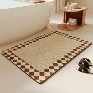 Absorbent bathroom mat with stylish check pattern, ideal for toilet and shower room decor.