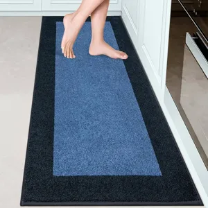 Kitchen runner rug detail scene, soft loop pile floor mat texture, non-slip home decor.