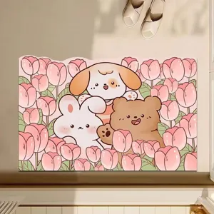 Detailansicht der Cartoon-Badematte mit niedlichem Tierdruck und weicher saugfähiger Oberfläche.