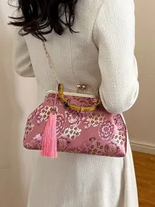 Elegante bestickte Vintage-Abendtasche mit Bambusgriff und Kette als Schultertasche Hauptansicht