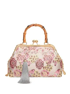 Chinesische Vintage Blumen Stickerei Abendtasche mit Bambusgriff und Kette für Damen.