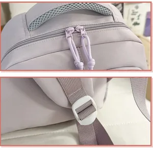 Light purple student school backpack detail close-up, zipper and adjustable strap view.