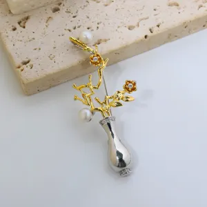 Elegant vase pearl brooch for women, exquisite flower branch design, stylish coat accessory.