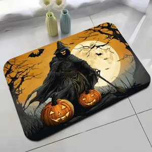Halloween theme door mat with spooky pumpkin witch design, non-slip backing, highly absorbent.