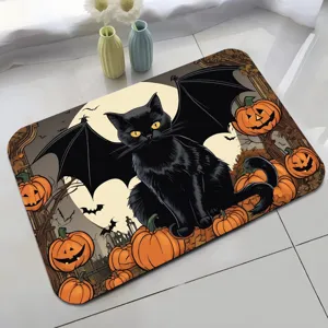 Halloween doormat detail showcasing cute black cat and pumpkin pattern for festive home decor.