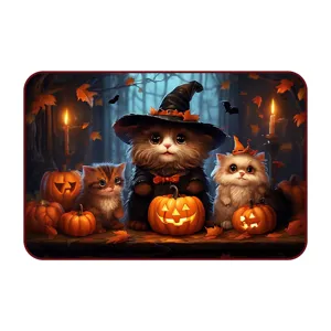 Halloween doormat cute cat pumpkin spooky forest theme rug for bathroom and indoor entry floor.
