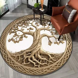 Gedetailleerd uitzicht op 3D boom kristal fluwelen rond vloerkleed voor woonkamer.
