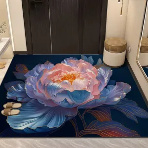Luxury entryway floor mat with large peony flower pattern, soft absorbent non-slip door rug for home.