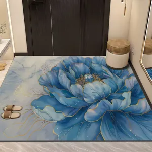 Blue crystal velvet floor mat with large floral gold line design for entryway hallway home decor.
