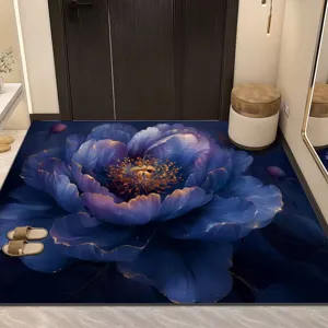 Luxury 3D blue floral floor mat for entryway, non-slip crystal velvet door rug home.