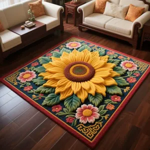 Vista dettagliata di uno splendido tappeto in velluto con girasole 3D per la decorazione.