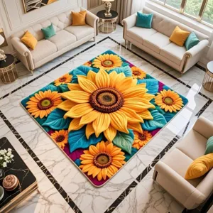 Vista dettagliata del tappeto in ciniglia con motivo di girasole 3D, ideale per il soggiorno.
